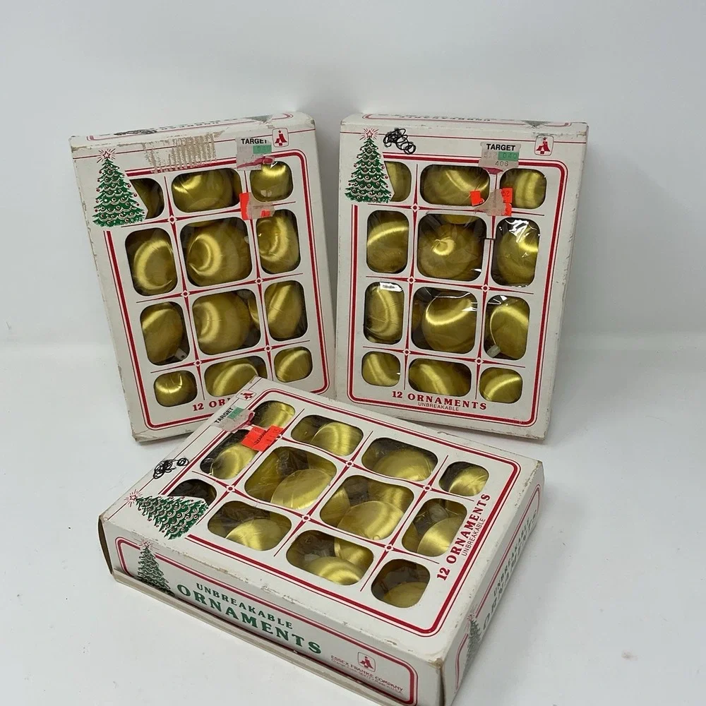 VTG‎ Essex Franke Gold Satin Unbreakable Christmas Ornaments 3 Boxes 12 Each USA